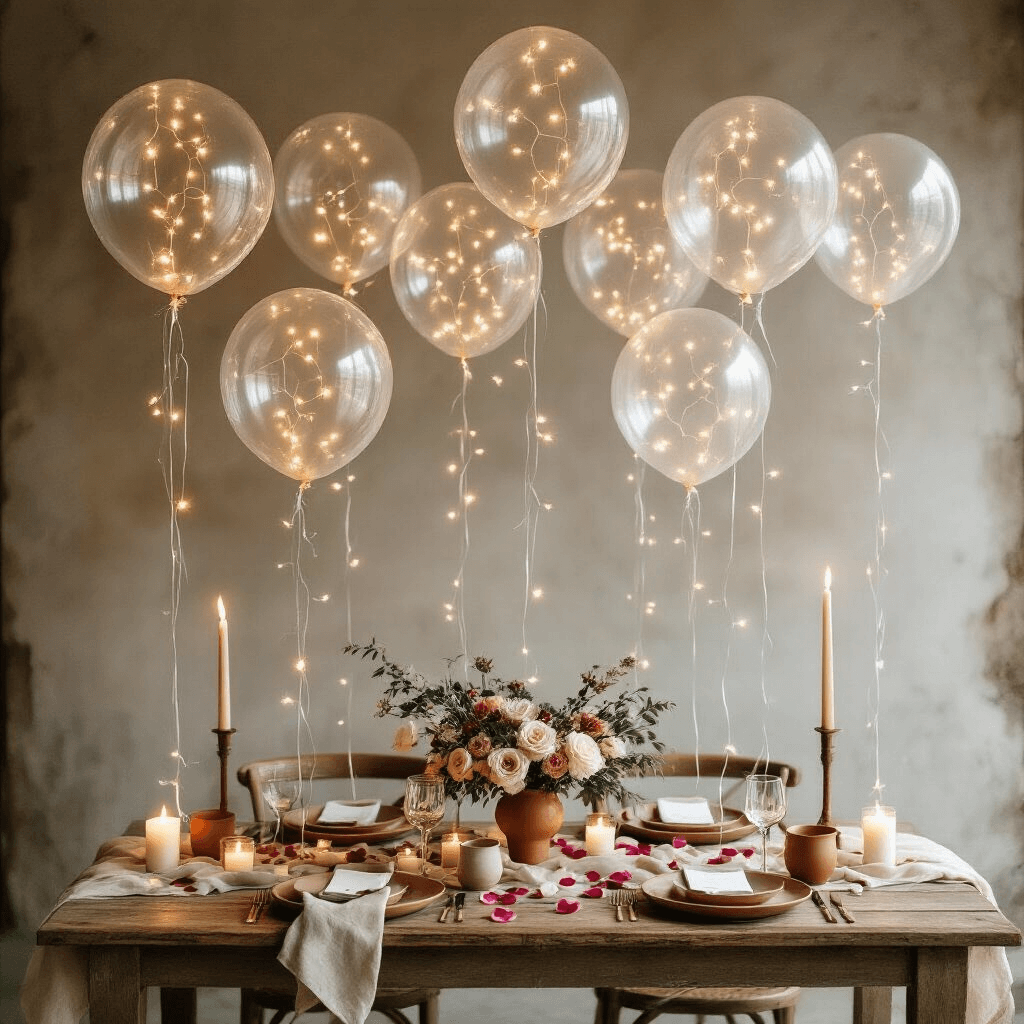Transparent Balloons: The Ultimate Guide to Modern, Magical Event Styling Overhead view of a romantic dining setup with transparent balloons filled with LED lights above a rustic wooden table adorned with terracotta and sage colors, ceramic place settings, linen napkins, scattered rose petals, and soft candlelight.