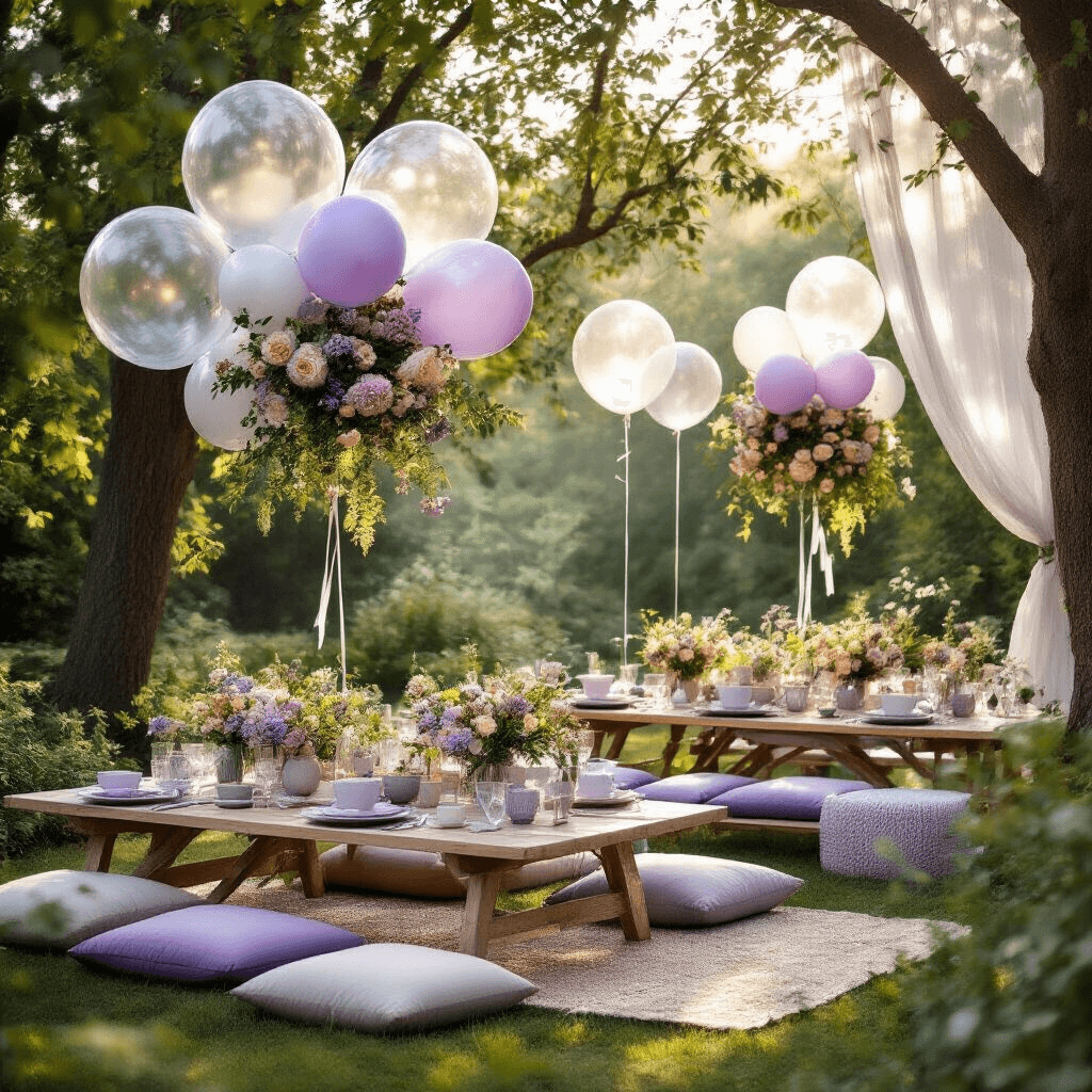 Transparent Balloons: The Ultimate Guide to Modern, Magical Event Styling A serene outdoor garden party setup featuring low picnic tables with lavender and silver floor cushions, transparent balloons between trees, and seasonal floral arrangements, all illuminated by soft morning light filtering through sheer drapery.