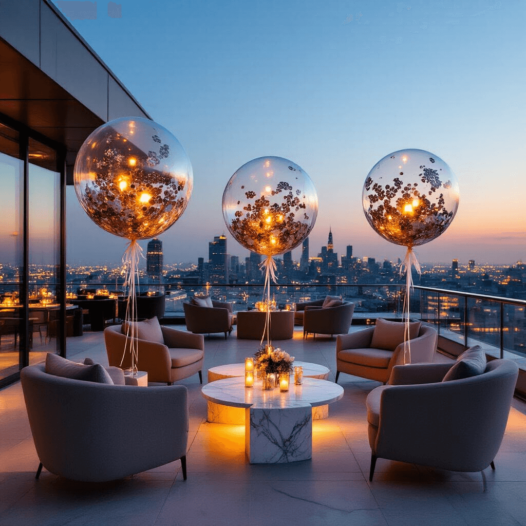 Transparent Balloons: The Ultimate Guide to Modern, Magical Event Styling Wide-angle evening shot of a modern rooftop terrace corporate event featuring minimalist transparent balloon installations, sleek furniture, marble accent tables, and ambient LED lighting, with city lights in the background.
