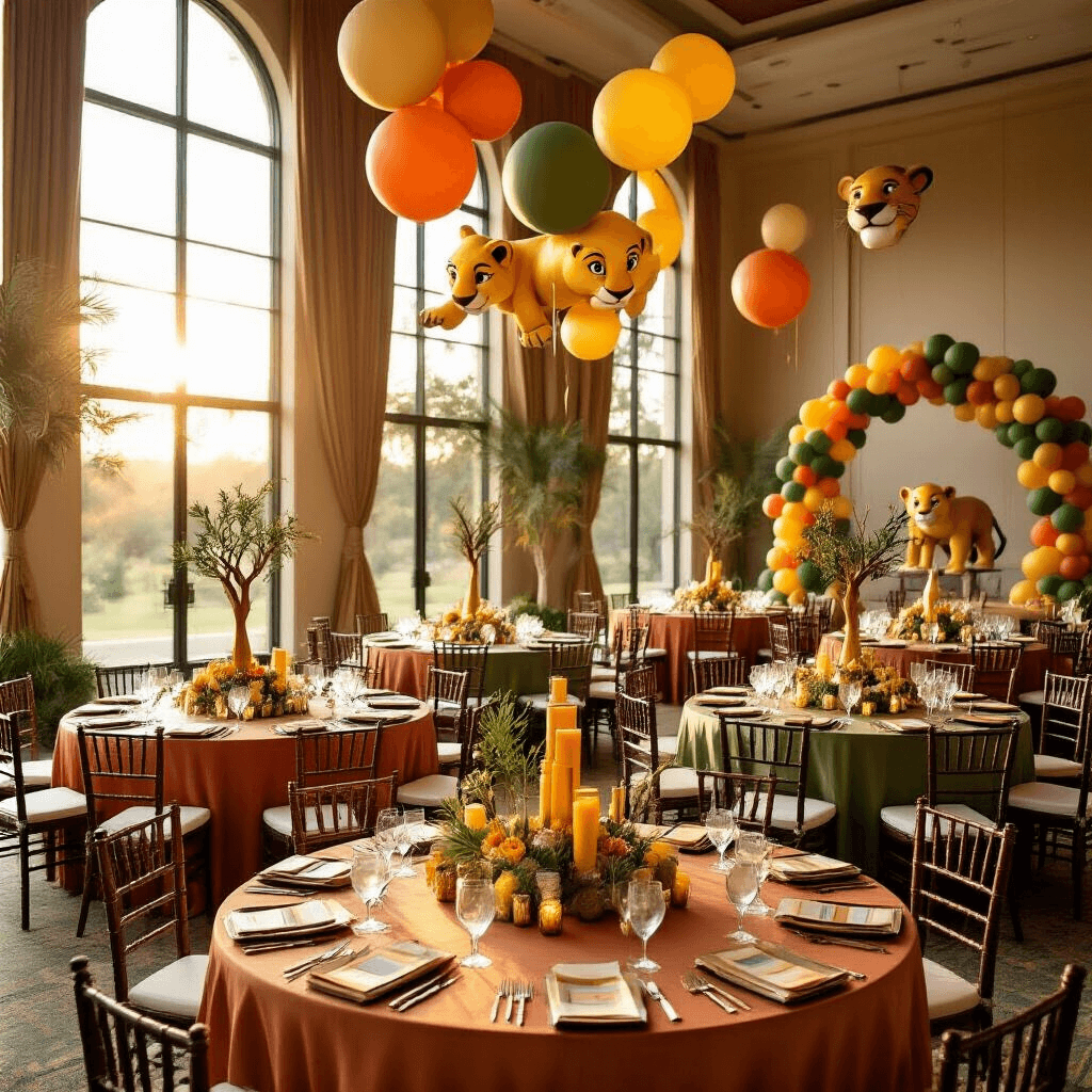Ultimate Guide to Lion King Balloons: Transform Your Party Magic A wide-angle view of a lavish indoor ballroom transformed into a Pride Rock-inspired savannah, featuring tiered round tables with safari-themed linens, silk-draped centerpieces, and balloon decorations of Simba and other characters. Sunlight streams through tall windows, illuminating rustic cake stands and vibrant balloon arches.