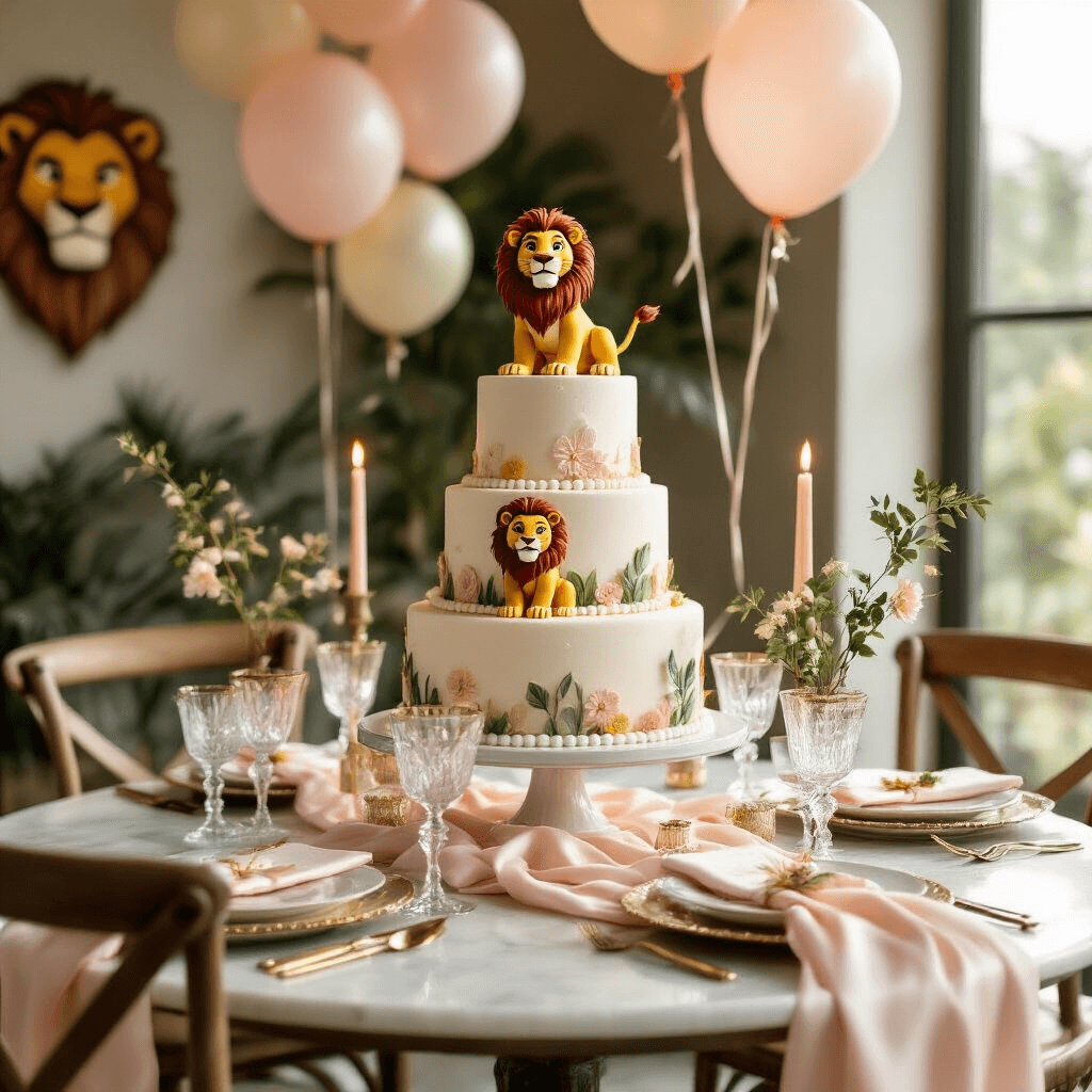 Ultimate Guide to Lion King Balloons: Transform Your Party Magic Close-up of a beautifully set dining nook featuring a three-tiered Lion King birthday cake, blush pink and cream silk table runners, floating character balloons, crystal glassware, gold-rimmed place settings, acacia branch centerpieces with candles, and vintage wooden chairs around a marble-topped table with custom party favors and jungle-themed decor.