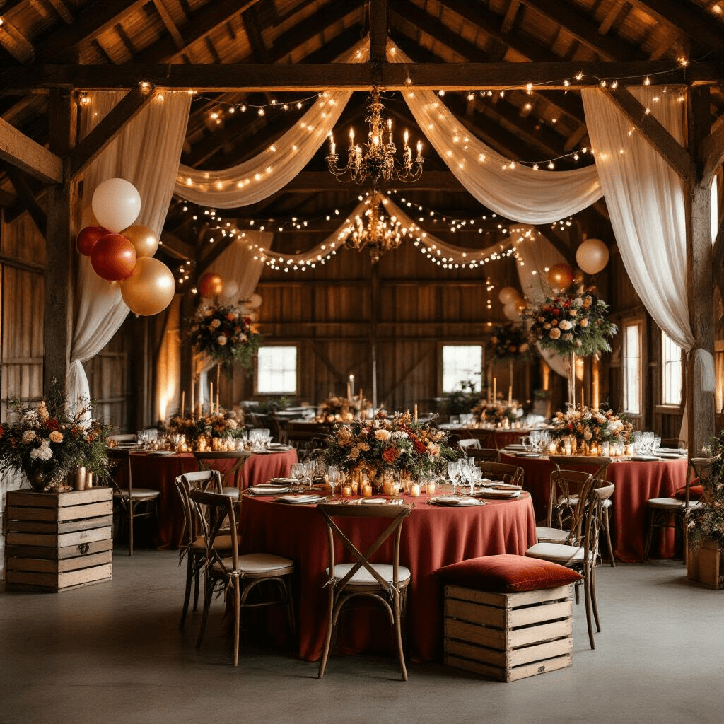 Ultimate Guide to Lion King Balloons: Transform Your Party Magic A cozy barn venue illuminated by candlelight, featuring wooden beams adorned with fairy lights and colorful balloon installations. Round tables covered in terracotta and sage linens showcase brass candle arrangements and wild floral centerpieces. Character foil balloons and vintage crates filled with desserts enhance the warm atmosphere, while sheer drapery and velvet cushions create intimate seating areas with themed photo booth props.