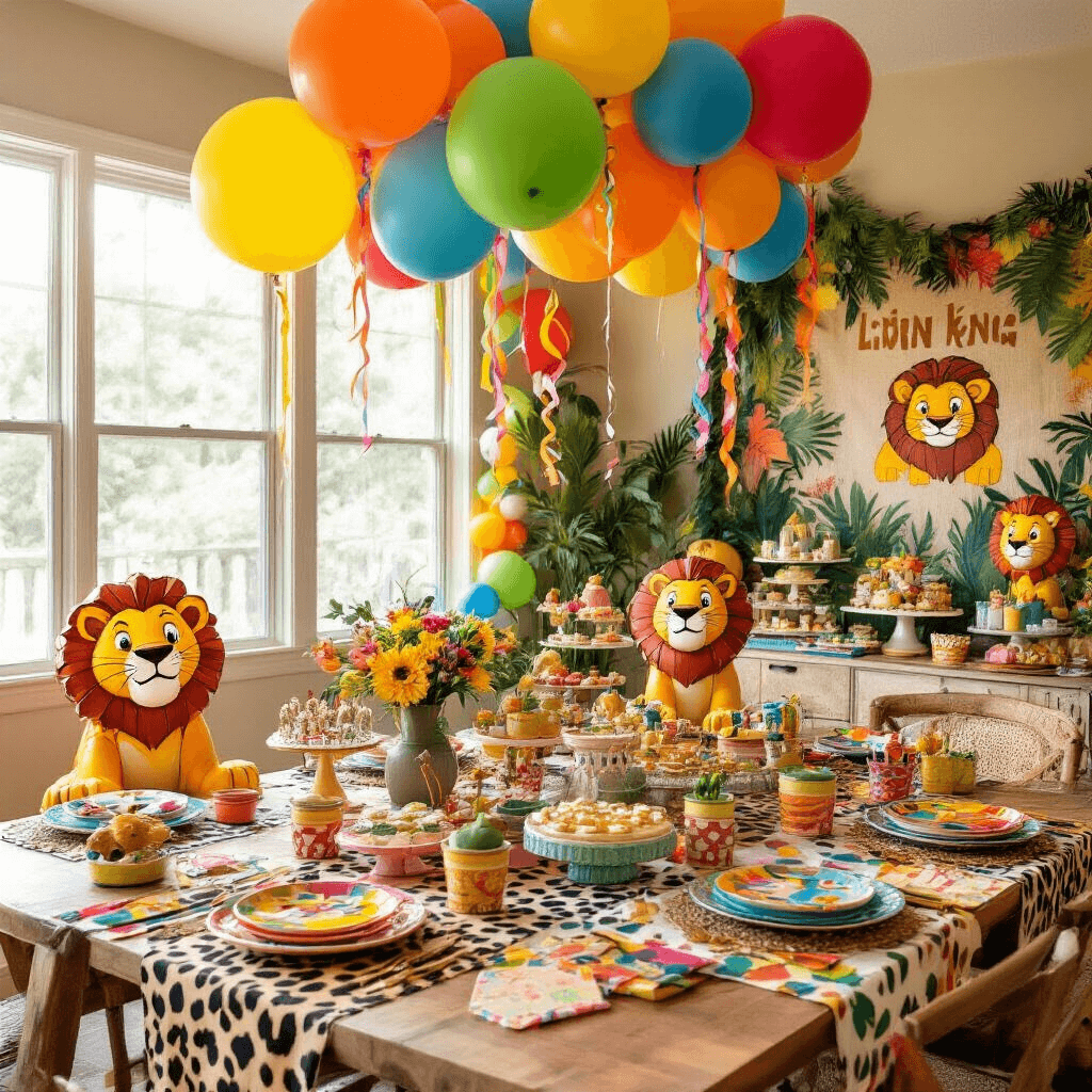 Ultimate Guide to Lion King Balloons: Transform Your Party Magic A vibrant flat lay of a whimsical kids' party in a cozy living room, featuring colorful balloons, Lion King characters, rainbow streamers, animal print table runners, and a jungle backdrop, with tables adorned with themed favors and safari treats.