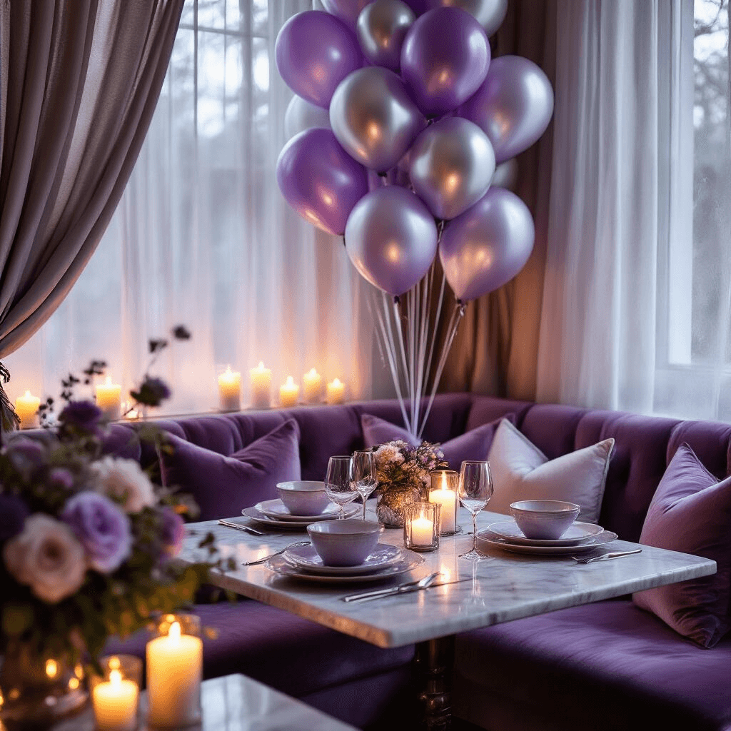 Stunning Birthday Balloon Decorations: A Complete Guide to Magical Celebrations Intimate dining nook illuminated by soft candlelight, featuring a delicate lavender and silver balloon garland, velvet cushions, and a marble-top bistro table, with layered textures of sheer drapery and ceramic place settings, complemented by clustered pillar candles and fresh floral accents.