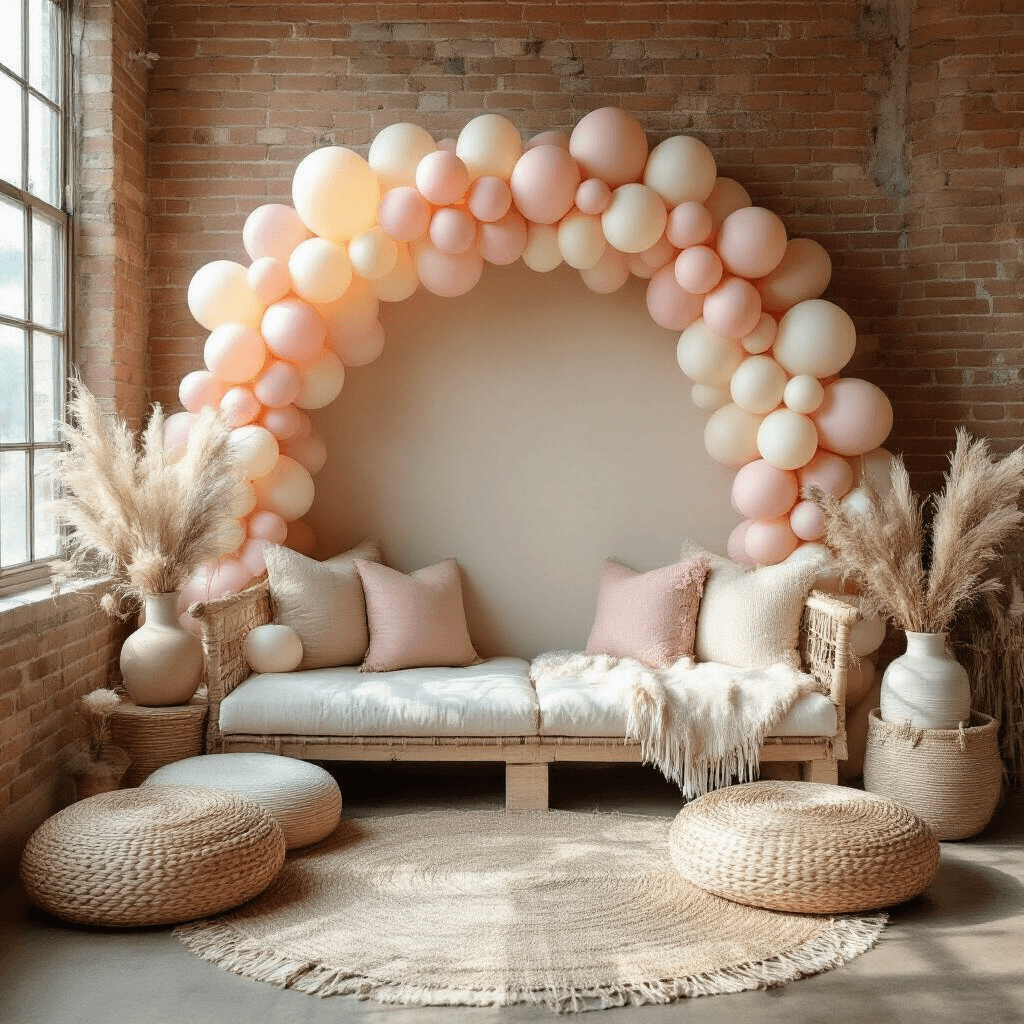 Stunning Birthday Balloon Decorations: A Complete Guide to Magical Celebrations Stylish living room corner with DIY pastel balloon backdrop in dusty rose and cream, bohemian floor cushions, woven textiles, and natural sunlight highlighting exposed brick walls and decorative elements like macrame, ceramic vases, and personalized signage.