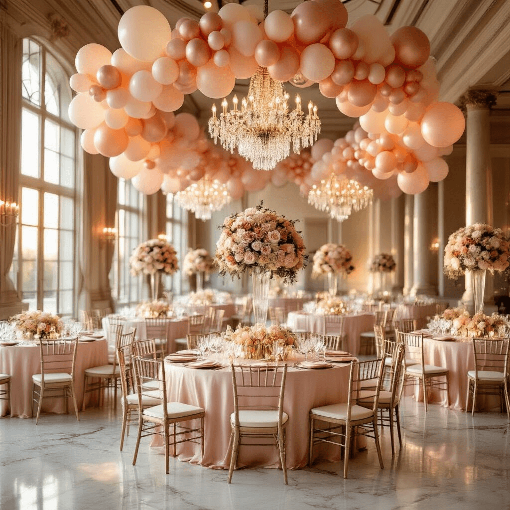 Balloon Illustrations: Your Ultimate Guide to Creative Visual Resources Elegant indoor ballroom during golden hour with round tables dressed in blush pink linens, towering pastel balloon arch centerpieces, and glowing chandeliers illuminating marble floors. Floating helium balloons in rose gold and cream accent dramatic ceiling installations, while soft light highlights floral arrangements and sparkling glassware on each table.
