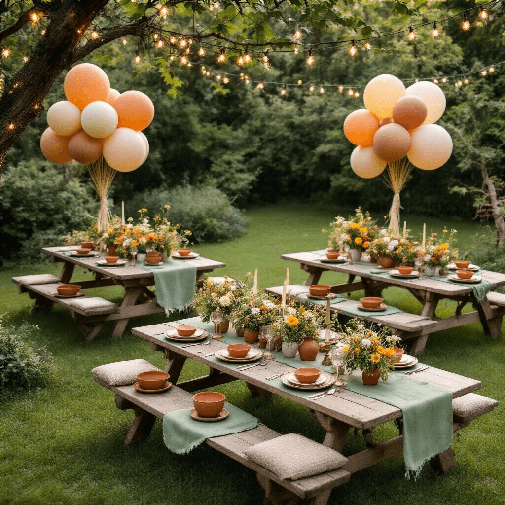 Balloon Illustrations: Your Ultimate Guide to Creative Visual Resources Overhead view of a whimsical garden party with low picnic tables featuring sage green runners and terracotta ceramic place settings, surrounded by organic balloon bouquets and wildflower centerpieces, under twinkling fairy lights among trees in soft evening light.
