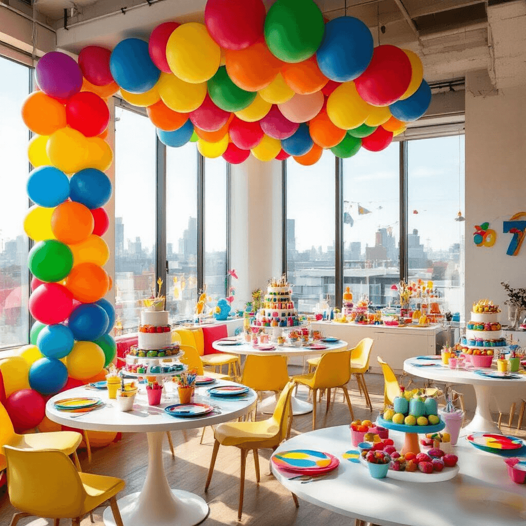 Balloon Illustrations: Your Ultimate Guide to Creative Visual Resources Wide-angle view of a lively children's birthday party in a modern apartment, featuring bold primary colored balloon decorations, round tables with rainbow linens, tiered cake stands, colorful party favors, oversized number balloons, and natural sunlight illuminating the scene.