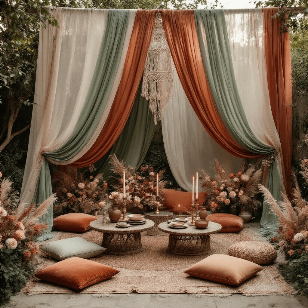 Stunning Backdrop Ideas: Creative Alternatives to Balloons for Every Occasion Overhead view of an intimate garden setting featuring sheer chiffon and velvet drapes in terracotta and sage, with low tables and floor cushions, adorned with brass candlesticks, ceramic dinnerware, and dried botanicals, all softly lit by evening candlelight.