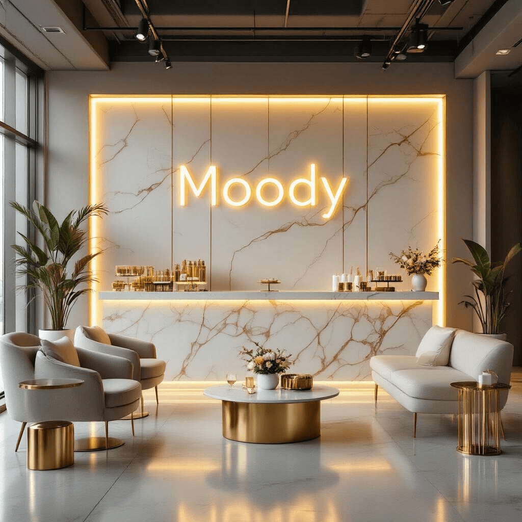 Stunning Backdrop Ideas: Creative Alternatives to Balloons for Every Occasion Moody cinematic shot of a modern corporate event featuring a minimalist backdrop in gold and ivory, sleek furniture, professional lighting, neon signage, and elegant refreshments on marble countertops.