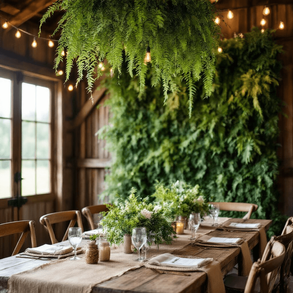 Stunning Backdrop Ideas: Creative Alternatives to Balloons for Every Occasion Close-up view of a rustic barn wedding setting with a living plant wall backdrop, hanging ferns, wooden farm tables with burlap linens, mason jar centerpieces, and vintage brass accents, all illuminated by natural sunlight and string lights.