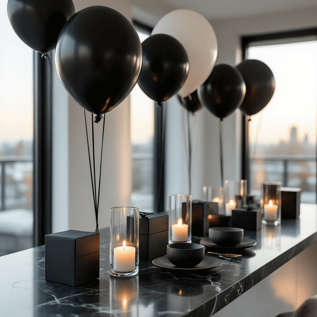 House of Balloons Wallpapers: Ultimate Free Download Guide for Fans Close-up of a modern apartment featuring black marble countertops adorned with monochrome balloon installations, illuminated by soft morning light from floor-to-ceiling windows, highlighting sleek ceramics and geometric candle arrangements, with custom matte black party favors accented in metallic gold.