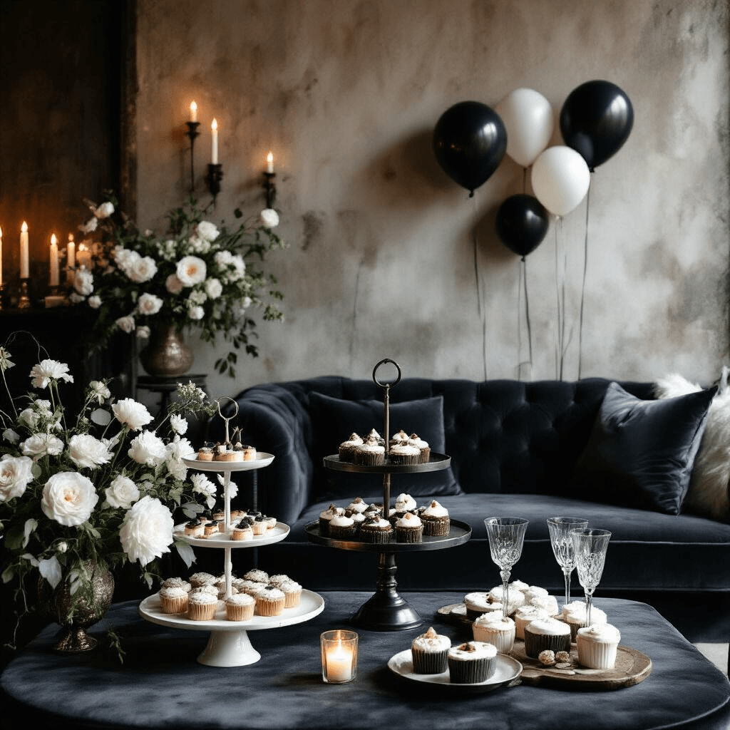 House of Balloons Wallpapers: Ultimate Free Download Guide for Fans Moody living room transformed into an intimate party space with deep charcoal velvet furniture, artistic dessert displays, soft candlelight highlighting textured walls, fresh white florals, vintage glassware, and monochrome balloon-themed wall decor.