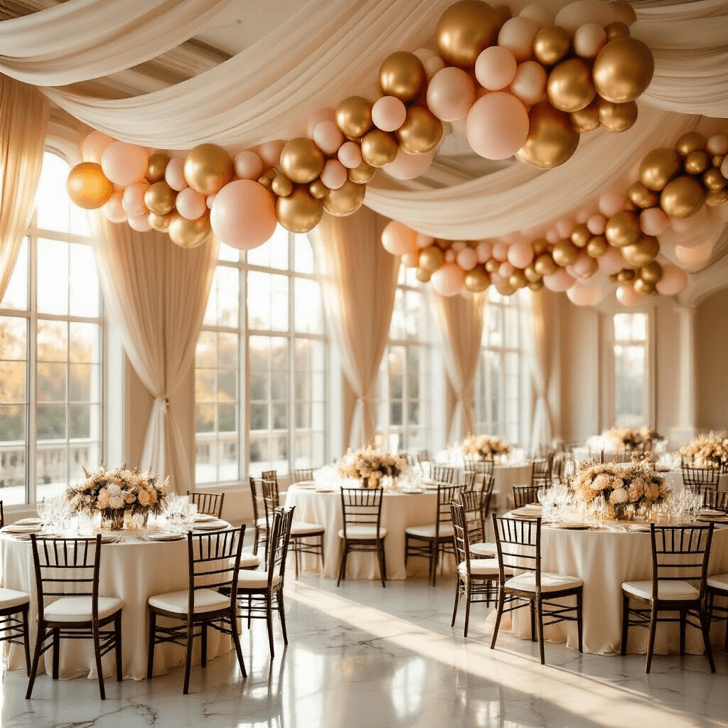 15 Balloons: The Ultimate Guide for Unforgettable Celebrations Cinematic wide-angle view of an elegant ballroom during golden hour, showcasing a balloon garland of metallic gold and blush pink balloons, round tables with ivory linens, crystal glassware, and white floral centerpieces, all illuminated by soft natural light through tall windows.