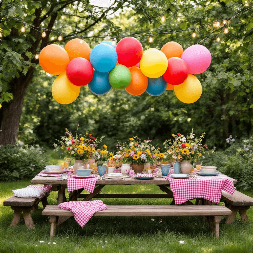 15 Balloons: The Ultimate Guide for Unforgettable Celebrations Overhead view of a whimsical garden party featuring vibrant 15-inch latex balloons in primary colors, rustic wooden balloon weights, low picnic tables with gingham linens, ceramic dishware, wildflower arrangements on emerald grass, and twinkling fairy lights in soft morning light.