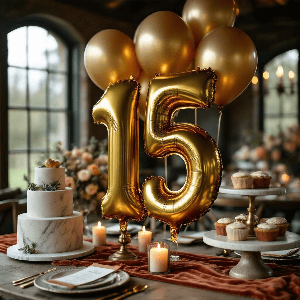 15 Balloons: The Ultimate Guide for Unforgettable Celebrations Close-up of a milestone birthday celebration featuring gold foil number 15 balloons, with a terracotta and sage color palette, velvet table runners, brass candlesticks, and marble cake stands, all set in a moody candlelit dining nook with personalized place settings and custom party favors.
