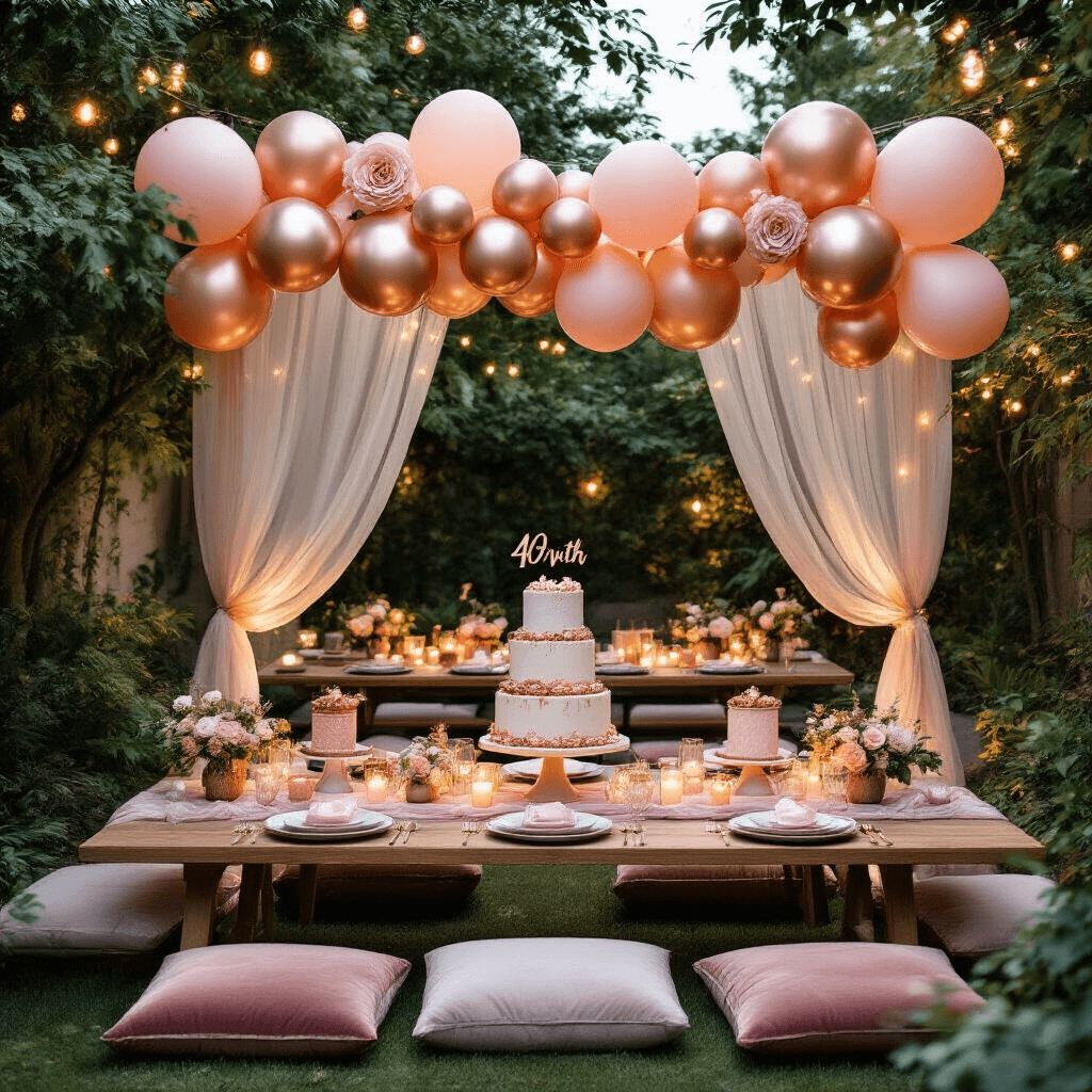 Elevate Your 40th Birthday Celebration with Stunning Balloon Decor Overhead view of a chic backyard 40th birthday celebration with rose gold and blush balloon clusters, low picnic tables with velvet cushions, sheer drapery for intimate dining, tiered cake displays, soft candlelight, and DIY balloon quads amidst lush greenery.