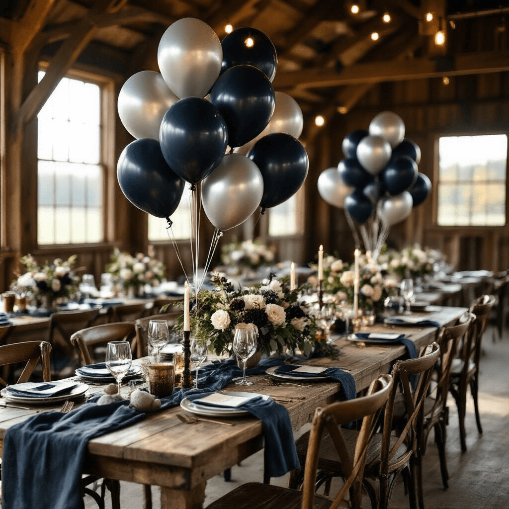 Elevate Your 40th Birthday Celebration with Stunning Balloon Decor Cinematic wide shot of a rustic barn celebration in soft morning light, featuring navy, silver, and black balloon arrangements, whiskey glass props, and vintage decor. Wooden tables are adorned with rich textured textiles, fresh florals, and ambient lighting, all framed by rustic beams.