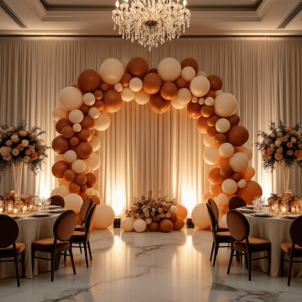 How to Stick Balloons to a Wall: The Ultimate Guide for Party Decorators Elegant ballroom setup for an evening event featuring a terracotta and sage balloon wall against a cream backdrop, adorned with silk drapery. Round tables with velvet chairs, fairy lights, floral centerpieces, and polished marble floors reflect warm candlelight, enhancing the luxurious atmosphere.