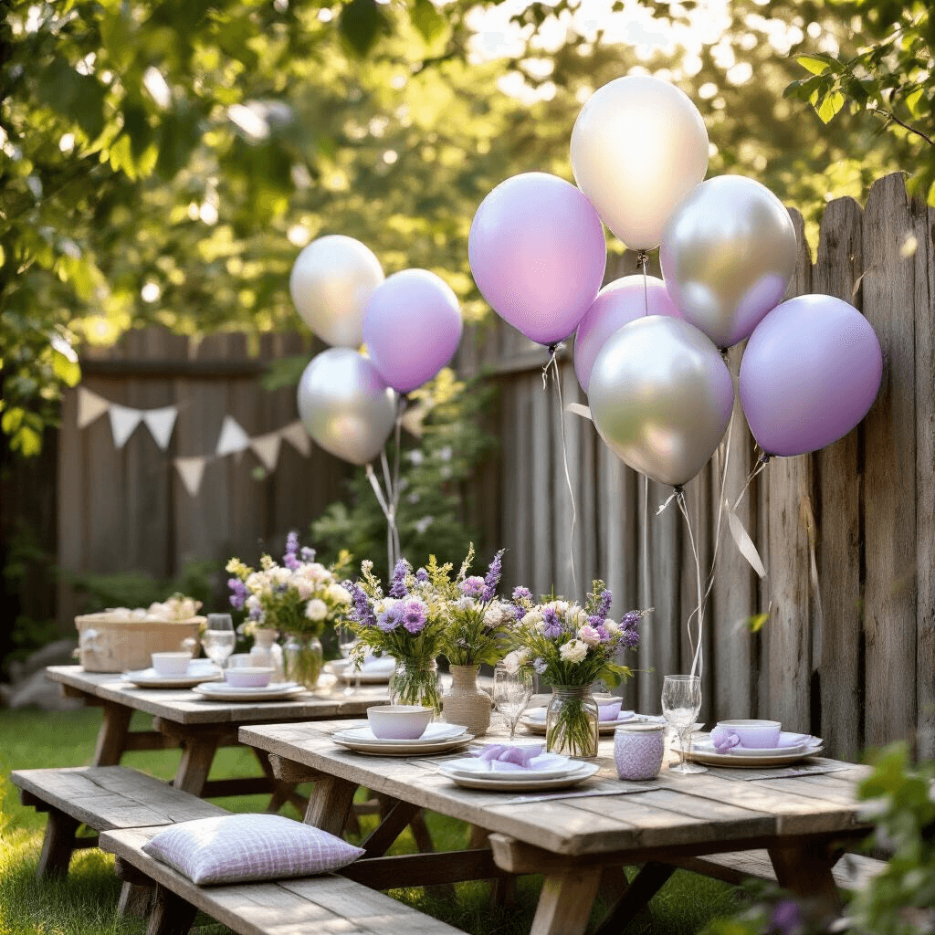 How to Stick Balloons to a Wall: The Ultimate Guide for Party Decorators Close-up of a stylish backyard garden party setup, showcasing balloon mounting techniques with painter's tape securing lavender and silver balloons to rustic wooden fence panels, picnic low tables with ceramic place settings, mason jar floral centerpieces, and whimsical decor elements in soft morning light.