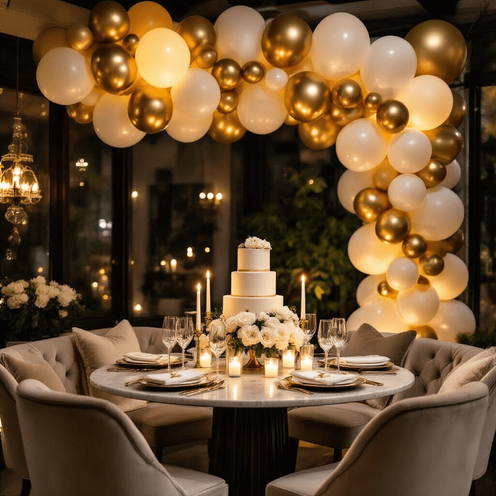 How to Stick Balloons to a Wall: The Ultimate Guide for Party Decorators Cozy dining nook with a balloon garland and tiered birthday cake, adorned with gold and ivory tones, featuring velvet chairs, crystal glassware, and candlelight for an elegant celebration atmosphere.