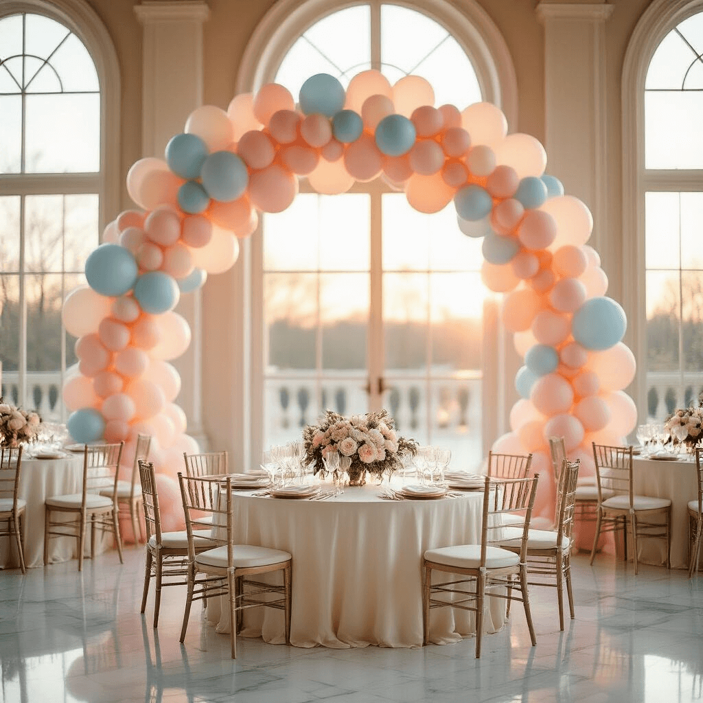 Epic Birthday Balloon Decoration Ideas That Will Blow Your Mind Elegant ballroom during golden hour with a pastel balloon arch, round tables in silk ivory linens, crystal glassware, and floral centerpieces, reflecting marble floors.