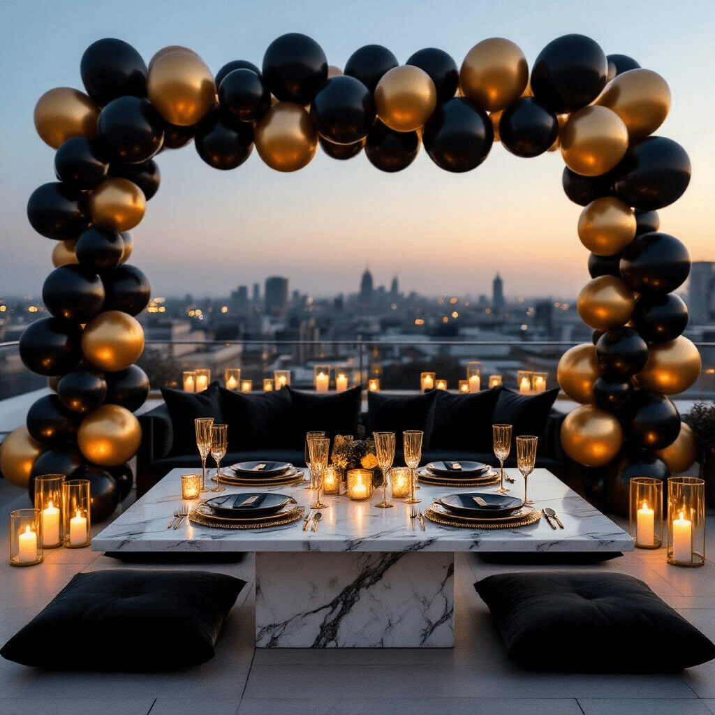 Epic Birthday Balloon Decoration Ideas That Will Blow Your Mind Luxurious rooftop terrace set up for a birthday celebration, featuring a dramatic black and gold backdrop of metallic balloons, low marble tables with velvet black cushions, chrome gold place settings, glowing LED number balloons, silk table runners, crystal champagne flutes, and elegant candle arrangements casting warm shadows in a candlelit evening.