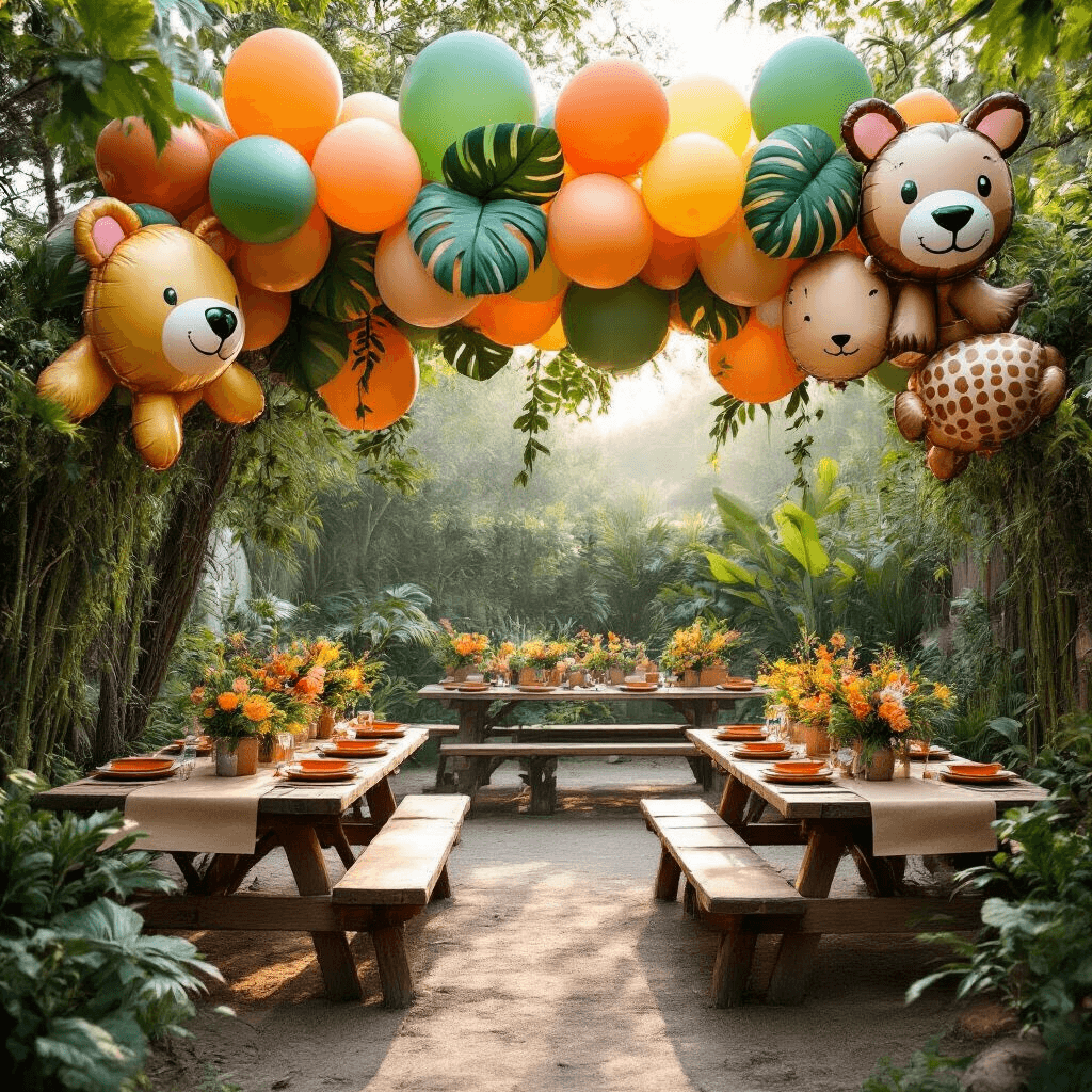 Epic Birthday Balloon Decoration Ideas That Will Blow Your Mind A whimsical garden party with jungle-themed balloon decorations, featuring animal-shaped foil balloons and leaf-print latex balloons. Rustic wooden picnic tables adorned with kraft paper runners, tropical florals, bamboo plates, and decorative vines in a cozy backyard setting under soft morning light.