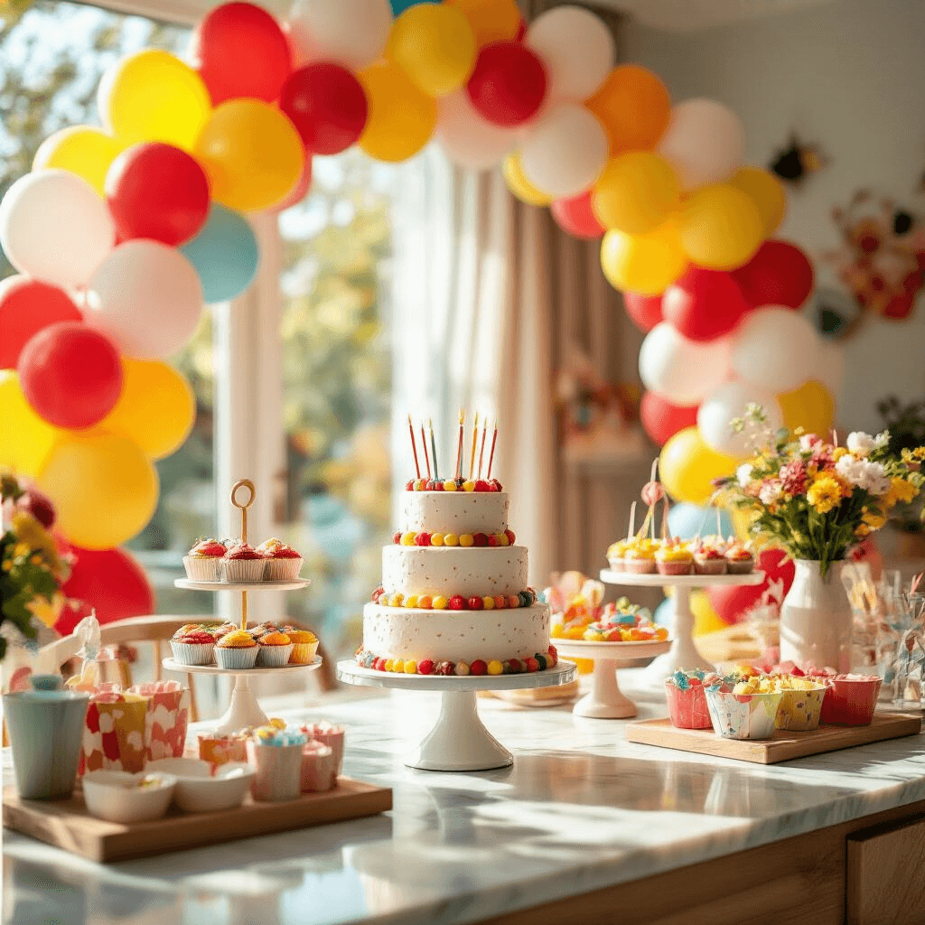 Epic Birthday Balloon Decoration Ideas That Will Blow Your Mind Close-up shot of a stylish living room decorated for a children's party, featuring a vibrant balloon arch in red, white, and yellow, a tiered birthday cake on marble countertops, colorful streamers, custom party favors, and playful wall decor, all illuminated by natural midday sunlight.