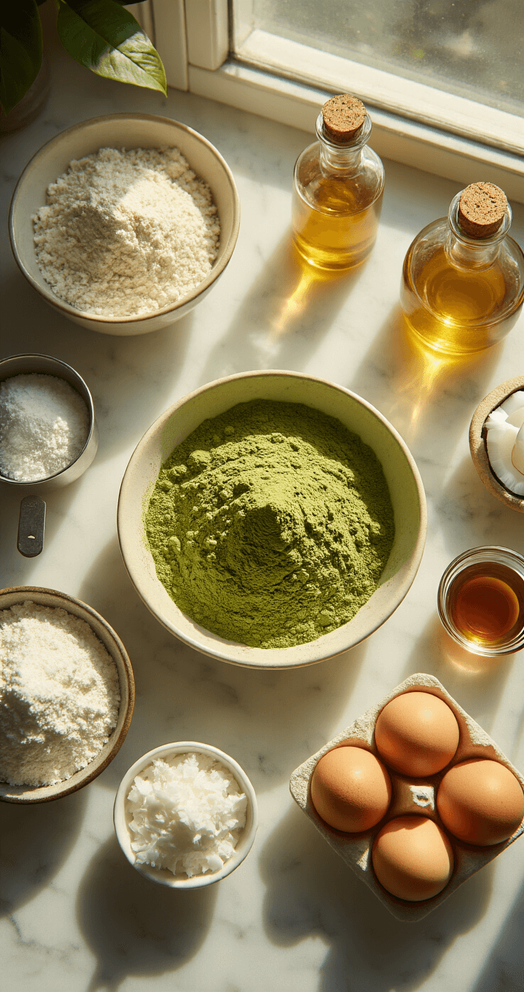 Gluten-Free Matcha Birthday Cake: A Vibrant Green Celebration Delight Aerial view of baking ingredients on a marble countertop, featuring vibrant matcha powder in a ceramic bowl, almond flour in measuring cups, glass container of coconut oil, fresh eggs, and bottles of vanilla extract and maple syrup, illuminated by golden afternoon light.