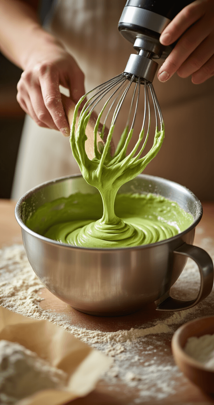 Gluten-Free Matcha Birthday Cake: A Vibrant Green Celebration Delight A close-up of hands gently folding vibrant green matcha batter in a stainless steel bowl, with flour particles in the air, an electric mixer nearby, and a prepared baking tin in the blurred background, all bathed in warm, diffused light.