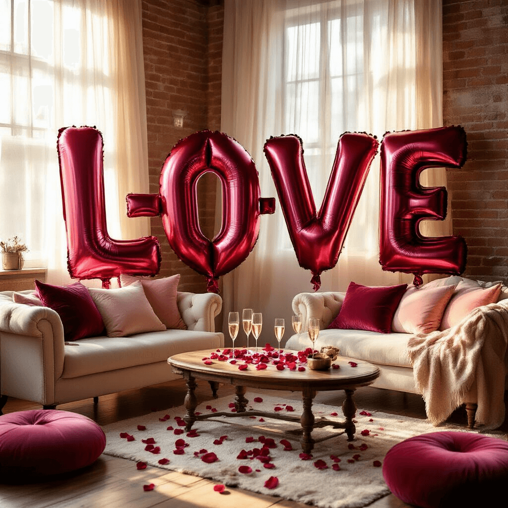 Cozy living room transformed into a romantic sanctuary with giant crimson and pink L-O-V-E letter balloons, warm golden hour sunlight, plush velvet cushions, and a vintage coffee table adorned with champagne flutes and rose petals against exposed brick walls.
