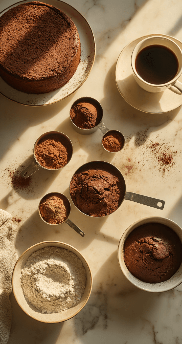 Cinematic overhead view of a vegan cake preparation workspace with sifted cocoa powder, measuring cups of rich brown ingredients, vintage mixing bowls, and a cup of steaming coffee, all illuminated by warm golden kitchen lighting.