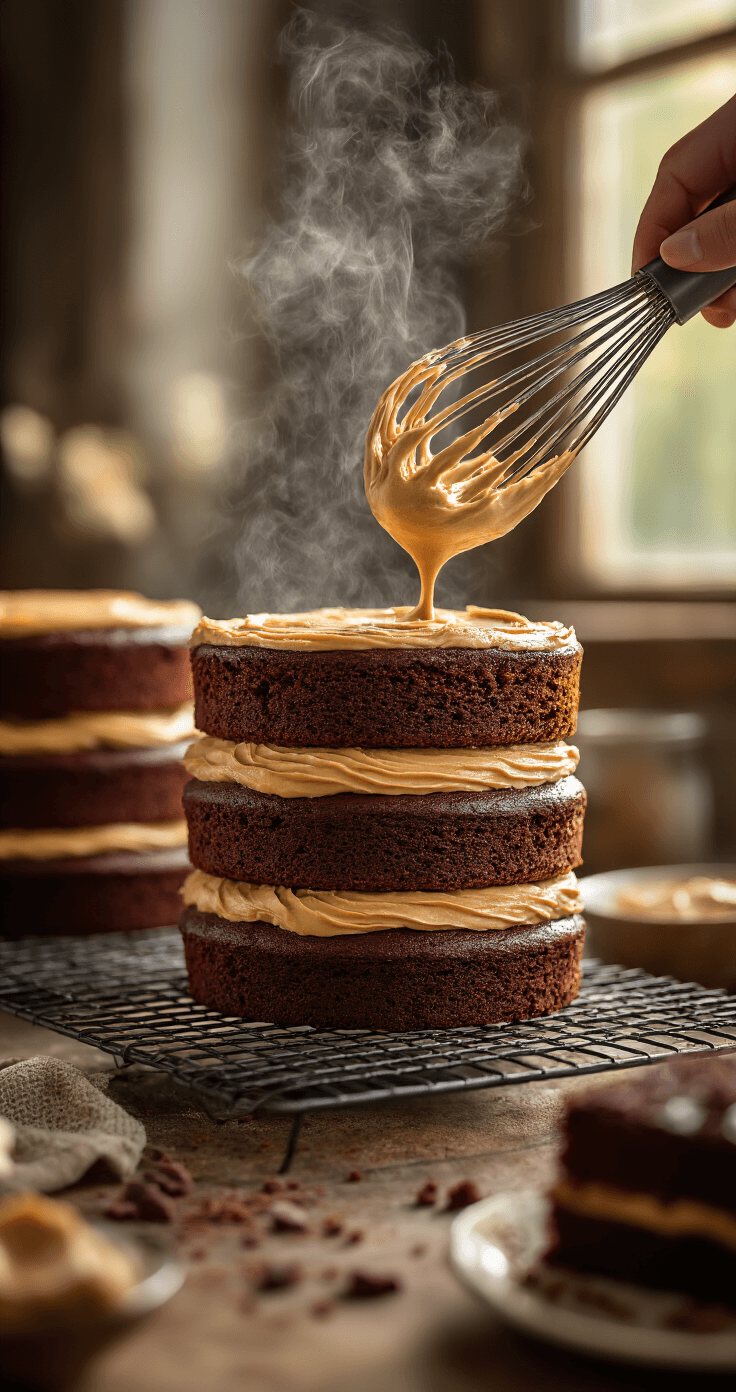 Dramatic close-up of golden-brown vegan chocolate cake layers cooling on wire racks with ethereal steam, rich peanut butter frosting being whipped in the background, illuminated by soft natural light, showcasing textured cake crumb and warm kitchen ambiance.
