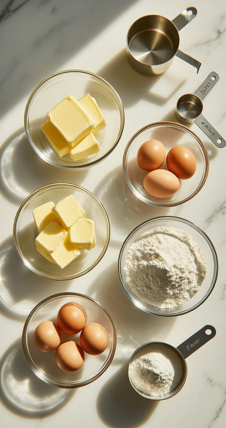 Minimalist Wedding Cake: The Ultimate Guide to Elegant, Simple Celebration Dessert Cinematic overhead shot of a pristine marble kitchen counter with baking ingredients in glass bowls, including glistening butter, farm-fresh eggs, and fine white flour, all bathed in soft morning light.