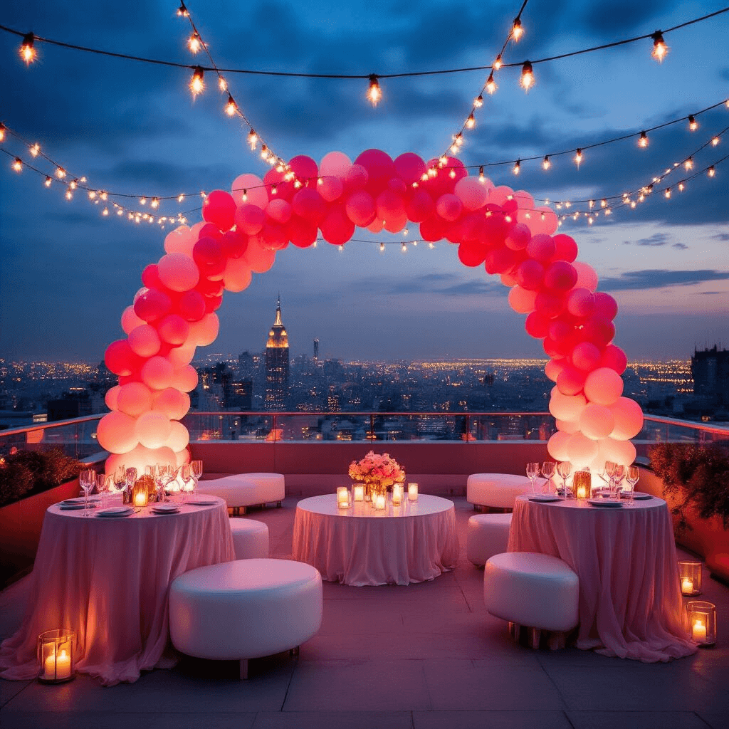 Luxurious rooftop terrace evening celebration with an ombre pink to red balloon arch, twinkling city lights, fairy light canopy, flowing chiffon-draped cocktail tables with balloon centerpieces, crystal stemware reflecting candle light, and sleek white leather furniture, creating a romantic urban setting.
