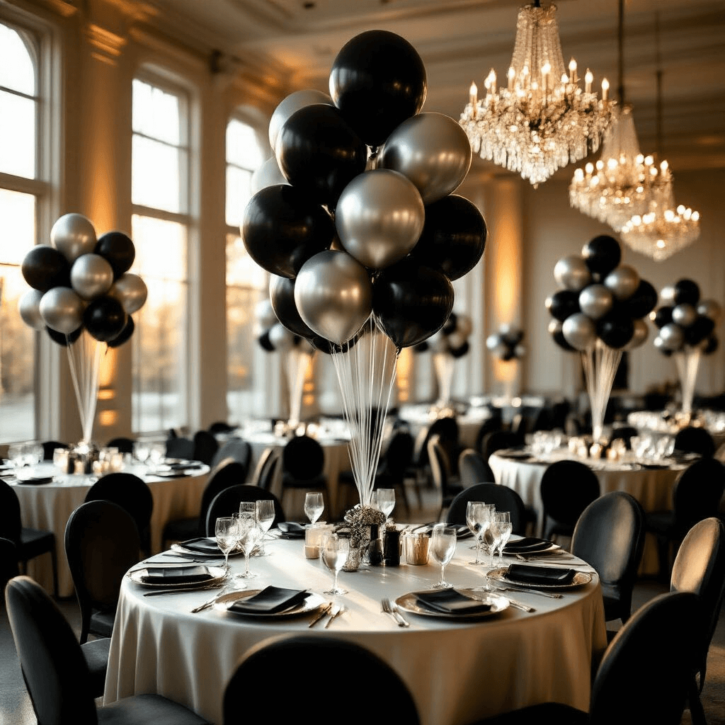 Black and Silver Balloons: The Ultimate Guide to Sophisticated Event Styling Cinematic wide-angle shot of an elegant ballroom at golden hour, featuring black and silver balloon arrangements, round tables with silk ivory linens, towering metallic and matte black balloon centerpieces, warm sunlight streaming through tall windows, crystal chandeliers, and luxurious velvet chairs with delicate silver charger plates and glassware.