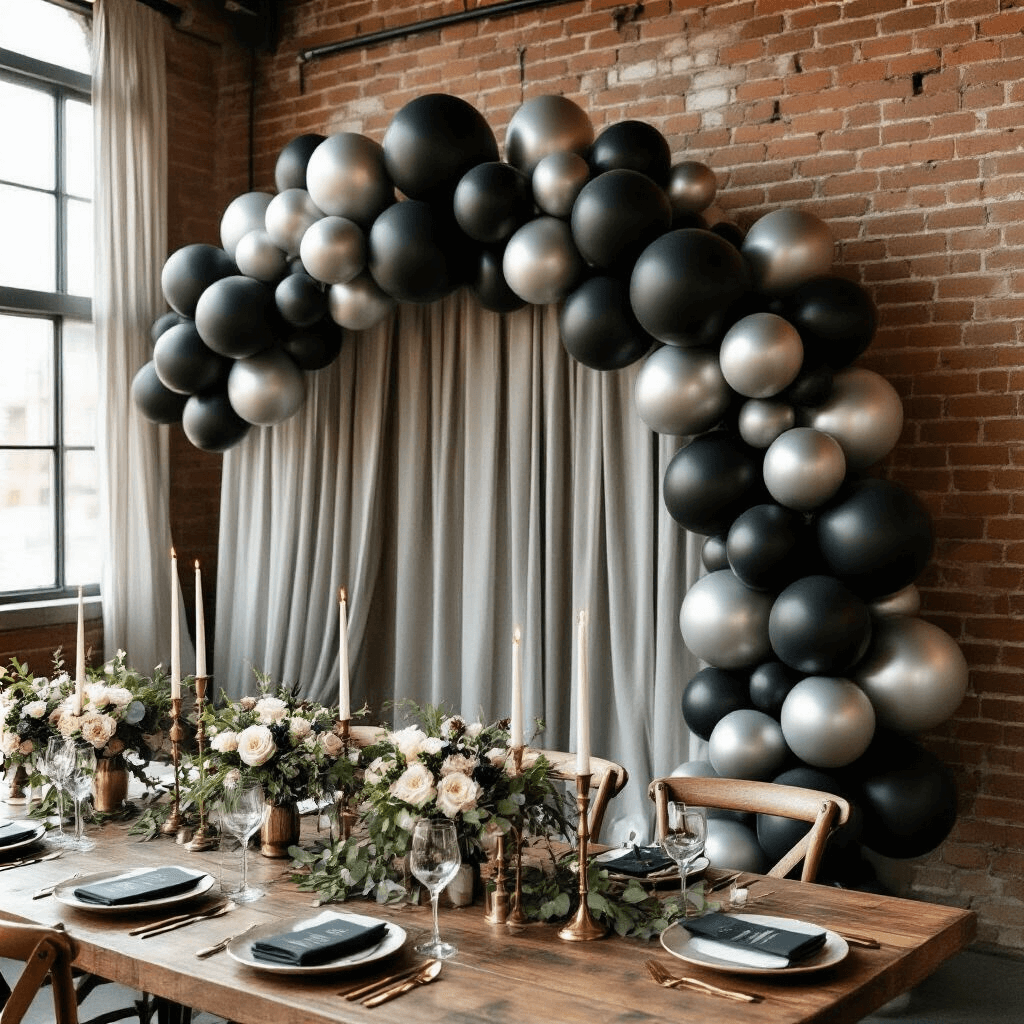 Black and Silver Balloons: The Ultimate Guide to Sophisticated Event Styling Close-up of a modern wedding reception with black matte and silver chrome balloon garlands against exposed brick walls, featuring terracotta and sage green accents, rustic wood tables with brass candlesticks, and sheer drapery for a soft touch.