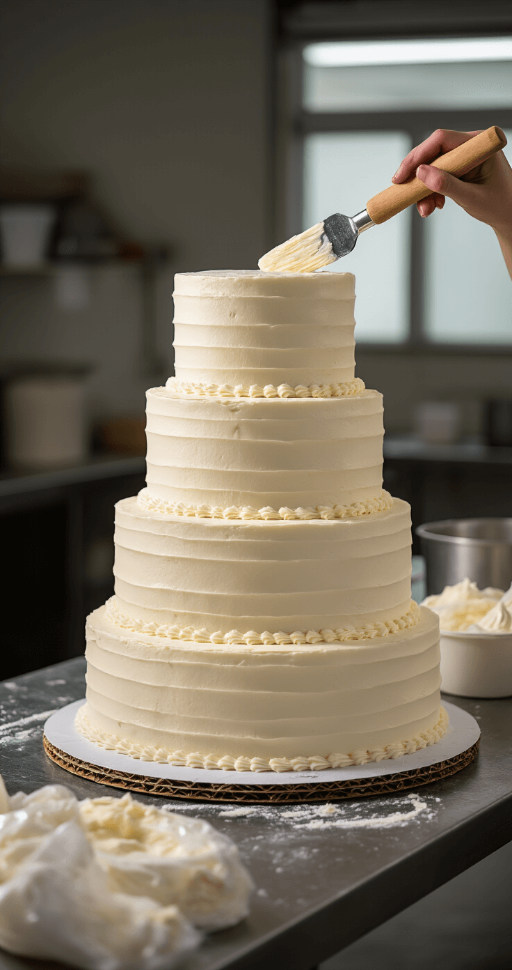 2 Tier Wedding Cake: The Ultimate DIY Wedding Dessert Guide Elegant tiered wedding cake mid-decoration with smooth buttercream, wooden dowels for support, and pastry bags nearby, showcasing skilled cake assembly under studio lighting.