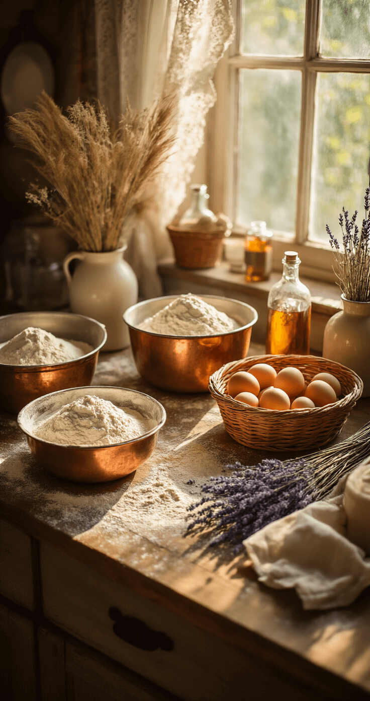 Boho Wedding Cake: A Dreamy Culinary Canvas for Your Perfect Day Cinematic overhead shot of a rustic kitchen counter with vintage baking tools, flour, farm-fresh eggs, and dried flowers, illuminated by warm afternoon light through lace curtains.
