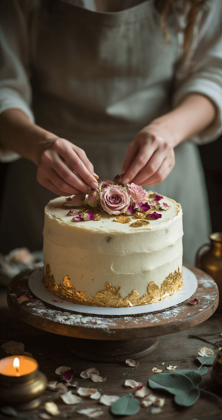 Boho Wedding Cake: A Dreamy Culinary Canvas for Your Perfect Day Intimate close-up of skilled hands decorating a textured buttercream cake with dried roses and gold leaf, surrounded by flower petals and sage leaves, illuminated by warm candlelight.