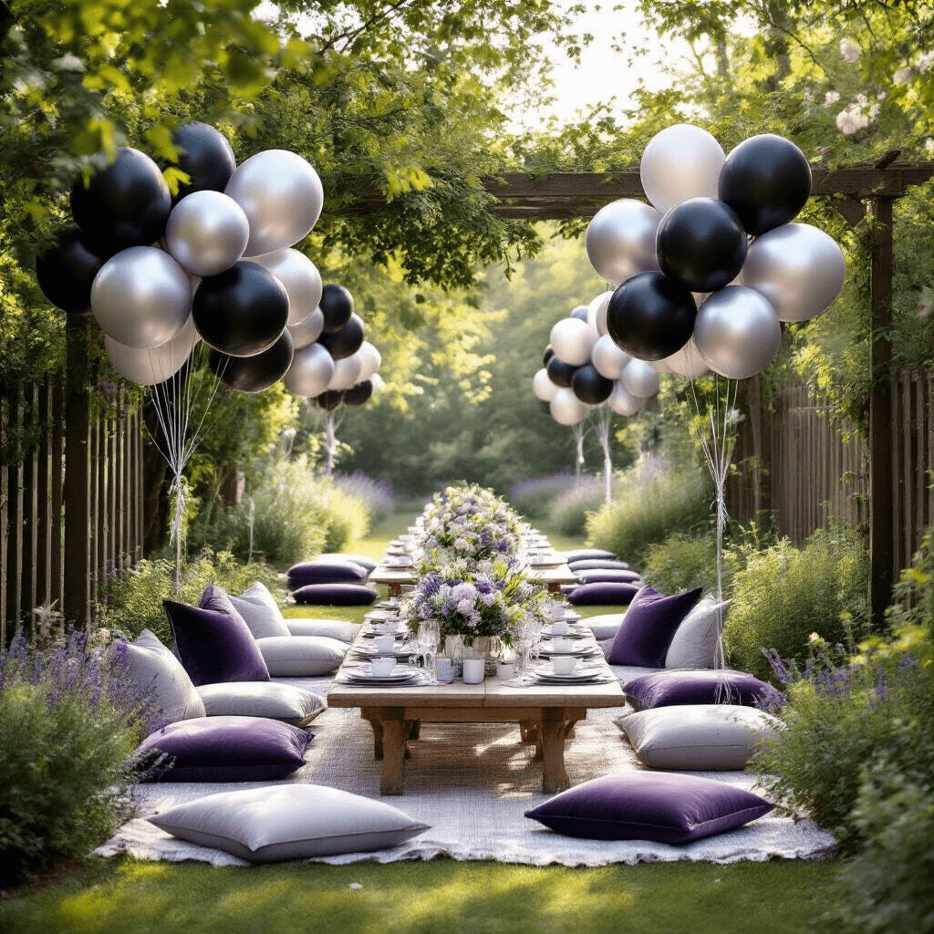 Black and Silver Balloons: The Ultimate Guide to Sophisticated Event Styling Whimsical garden party scene with black and silver balloon arrangements, picnic-style low tables with velvet floor cushions, and lavender and silver floral centerpieces, set in soft morning light with dappled shadows filtering through tree branches.