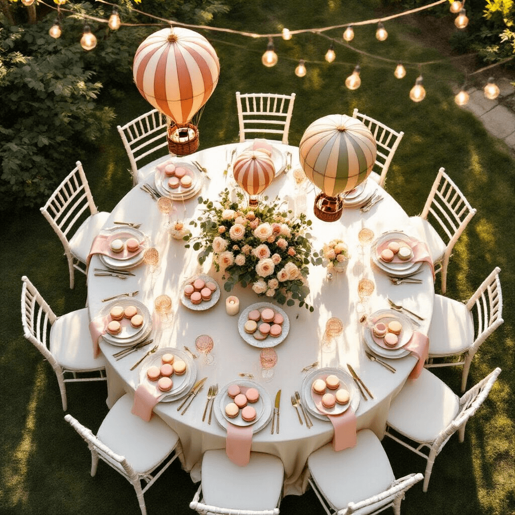 Balloons Photography: Capturing Magical Moments from Sky to Splash Aerial view of an elegant outdoor garden brunch setup with round tables draped in silk ivory linens and blush pink napkins, surrounded by white chiavari chairs. The centerpieces include miniature hot air balloons in terracotta and sage colors above low floral arrangements of eucalyptus and cream roses, while golden hour sunlight filters through string lights above, illuminating marble cake stands with balloon-shaped macarons.