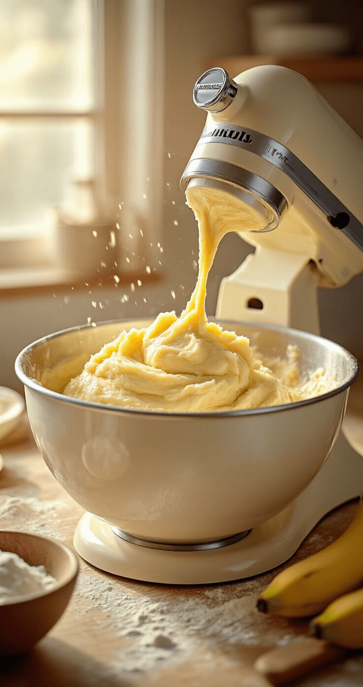 Banana Pudding Birthday Cake: The Ultimate Southern Celebration Dessert Cinematic close-up of a stand mixer bowl with creamy butter and sugar being whipped, golden mashed bananas added, warm lighting highlighting a rich batter, with flour-dusted countertops and wooden utensils nearby.