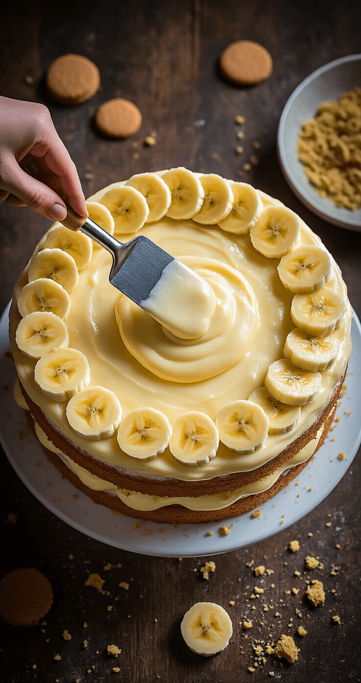 Banana Pudding Birthday Cake: The Ultimate Southern Celebration Dessert Overhead shot of banana pudding cake assembly, showcasing golden banana cake layers, silky vanilla pudding, circular banana slices, and crushed vanilla wafers under soft diffused lighting.
