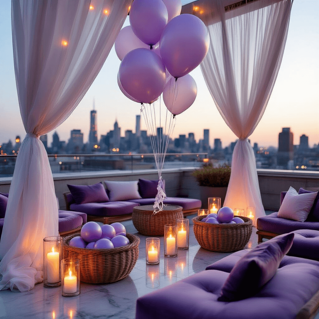 Balloons Photography: Capturing Magical Moments from Sky to Splash Close-up of a romantic rooftop terrace setup for a balloon release ceremony, featuring low tables with lavender and silver cushions, sheer white drapery, fairy lights, pillar candles in glass hurricanes, and personalized biodegradable balloons in wicker baskets against a city skyline backdrop.