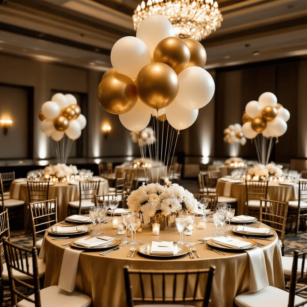 Balloons Photography: Capturing Magical Moments from Sky to Splash Elegant indoor ballroom setting featuring round tables for eight adorned with gold silk linens, ivory charger plates, and crystal glassware. Suspended metallic gold and cream balloon installations serve as dramatic centerpieces. The ambiance is enhanced by moody lighting from chandeliers and wall sconces, with custom signage displaying balloon photography prints accented by fresh white orchids.