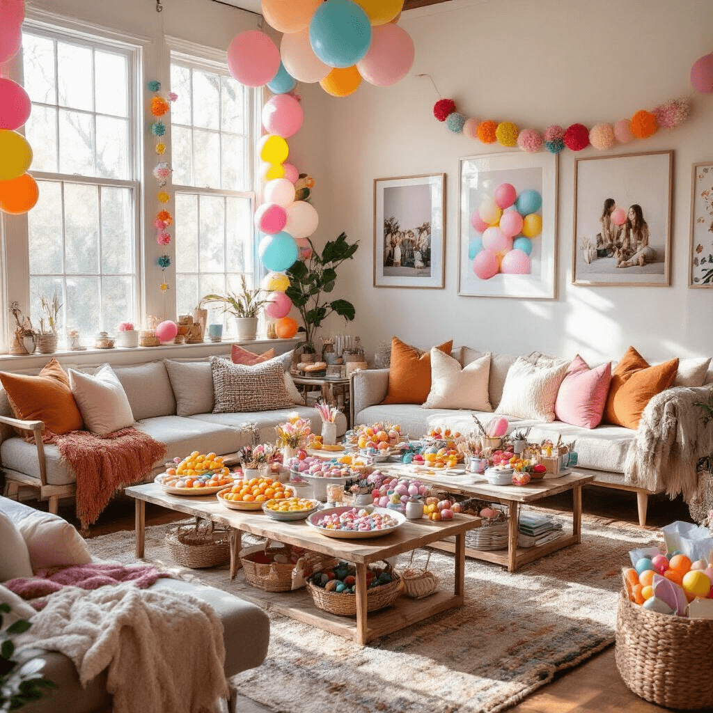 Balloons Photography: Capturing Magical Moments from Sky to Splash Wide-angle shot of a cozy living room workshop party for balloon artists, featuring comfortable seating, colorful craft supplies, balloon photography on the walls, pastel DIY garlands, and morning light illuminating balloon-shaped treats and gift bags.