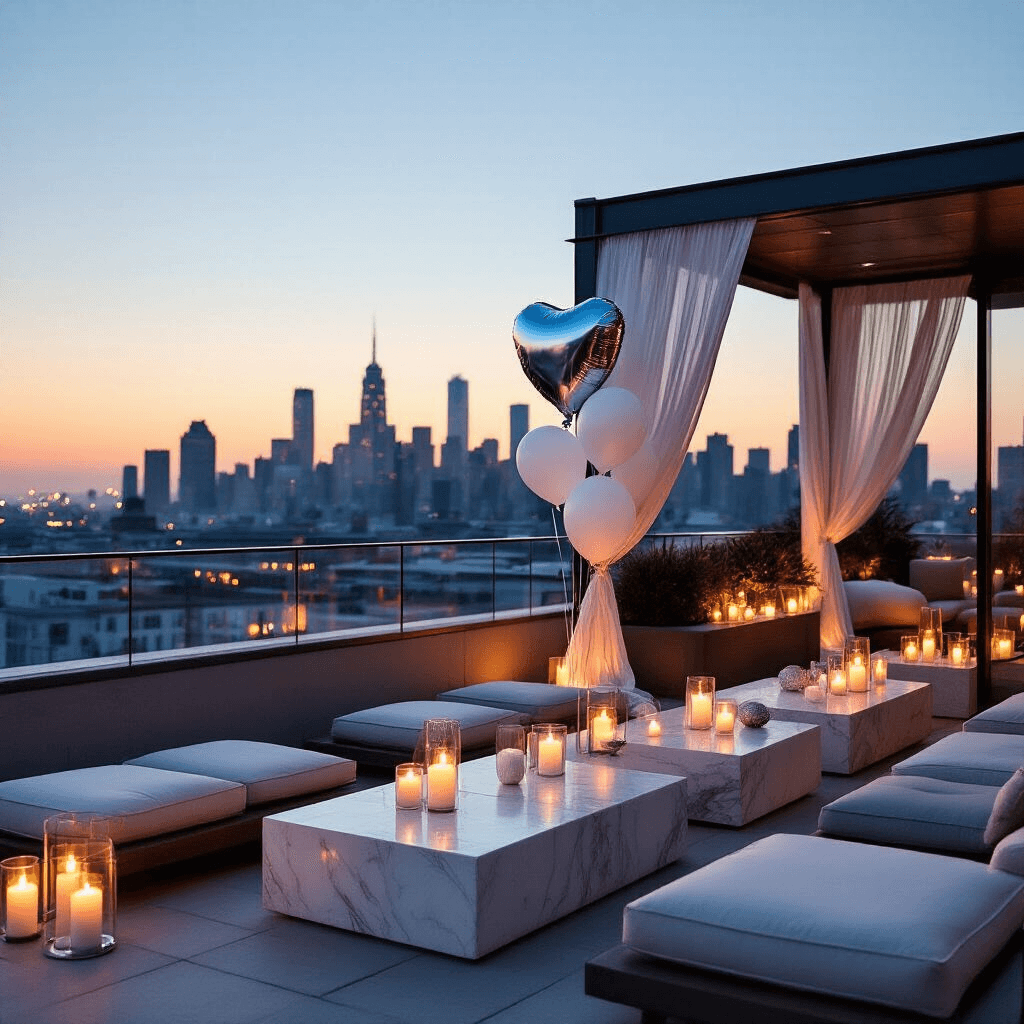 Engagement Party Balloons: The Ultimate Guide to Celebrating Your Love Story A modern rooftop terrace set for an engagement party, featuring sleek low tables with floor cushions, silver and white balloon displays, and a city skyline backdrop. Soft candlelight creates a warm atmosphere, with metallic foil heart balloons and contemporary ceramics arranged on marble surfaces, framed by sheer drapery flowing in the breeze. The scene embodies a minimalist luxe aesthetic with geometric arrangements, reflecting urban sophistication.