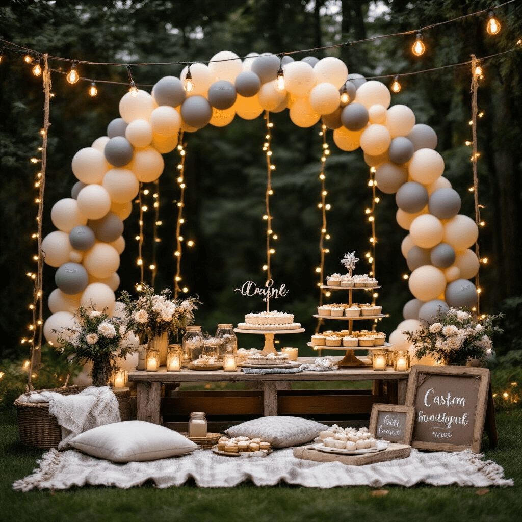 Engagement Party Balloons: The Ultimate Guide to Celebrating Your Love Story Cozy backyard engagement gathering featuring a picnic-style setup with layered textiles, a cream and grey balloon arch over a dessert cart, string lights casting a magical glow, rustic wood surfaces, mason jar centerpieces, personalized signage, custom party favors, and a tiered cake display, all in an intimate, romantic ambiance.